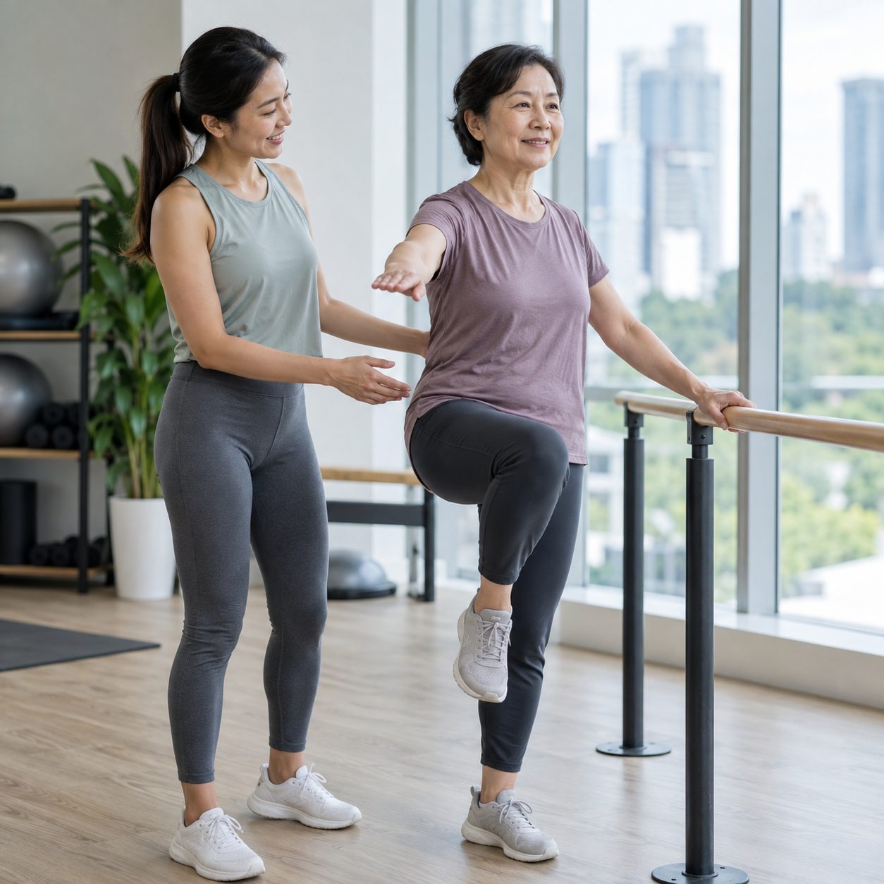 Therapist guiding a patient through a rehabilitation exercise