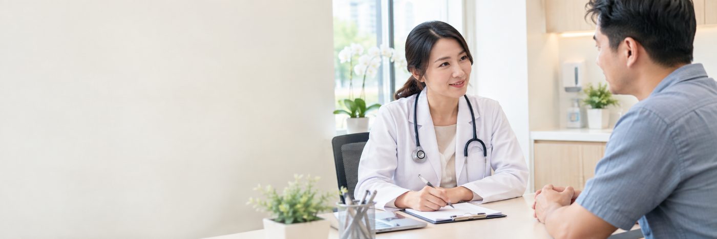 Doctor consulting with a patient in a bright clinic room