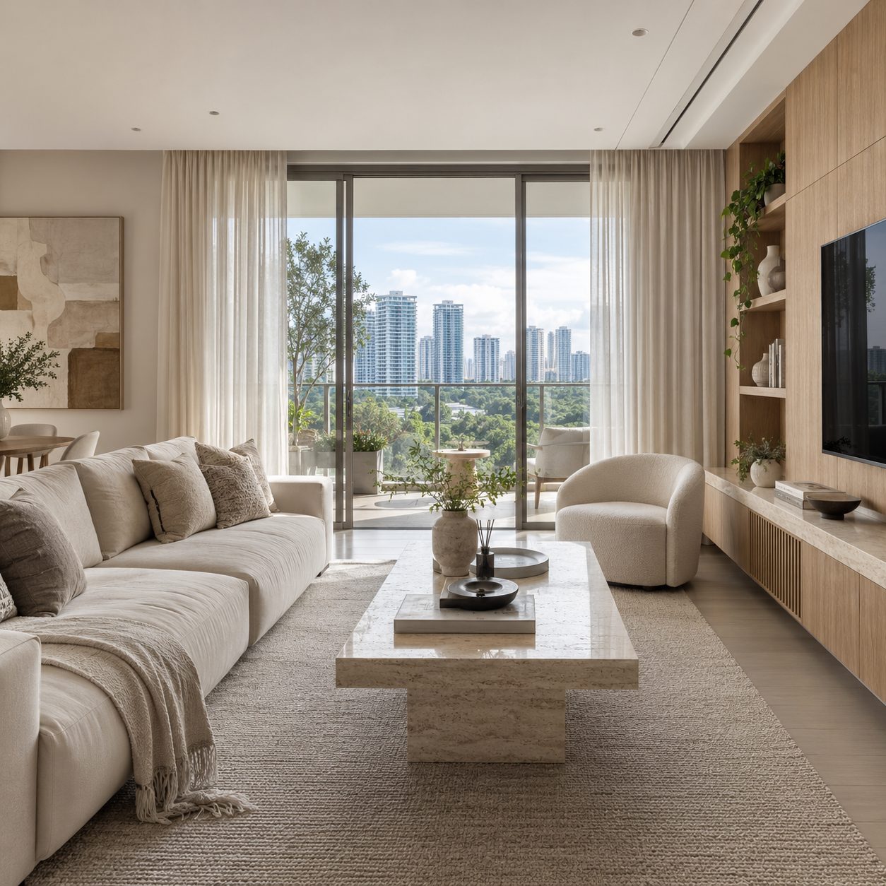 Styled living room with feature carpentry and balcony view