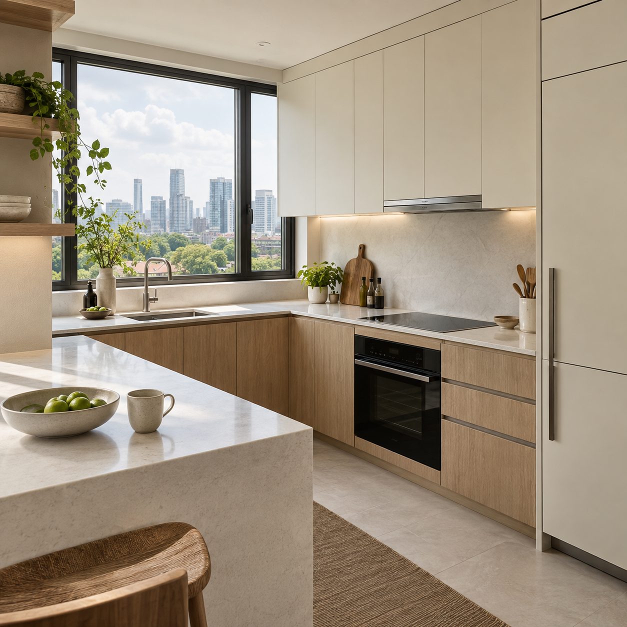 Light-toned kitchen with stone island and city view