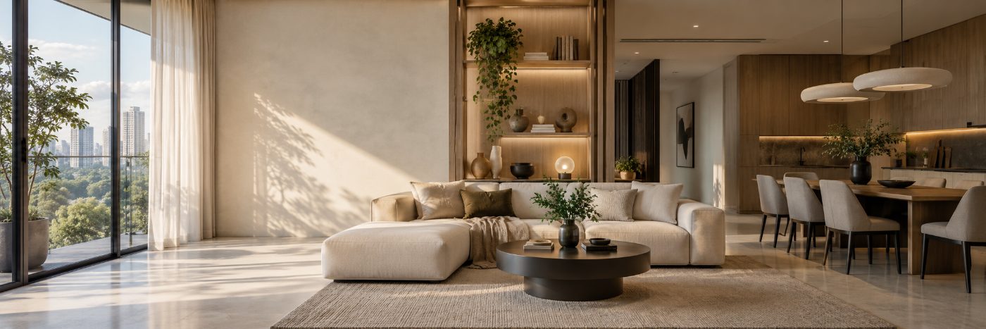 Completed living and dining space with afternoon light
