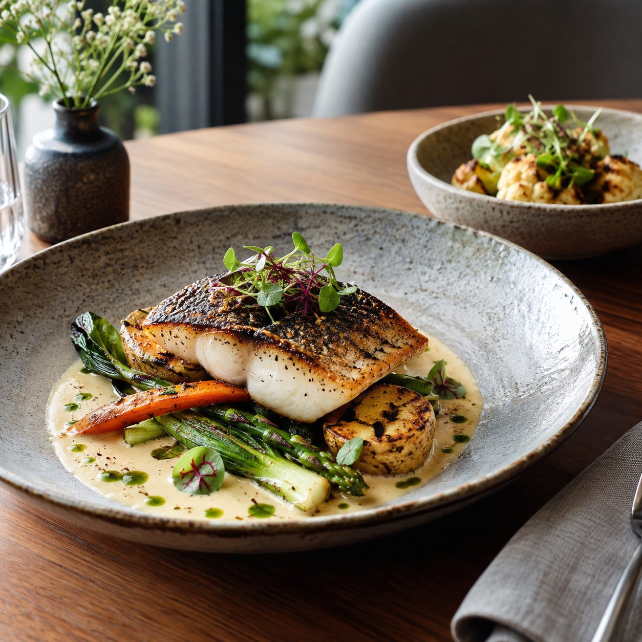 Plated fish dish with seasonal vegetables