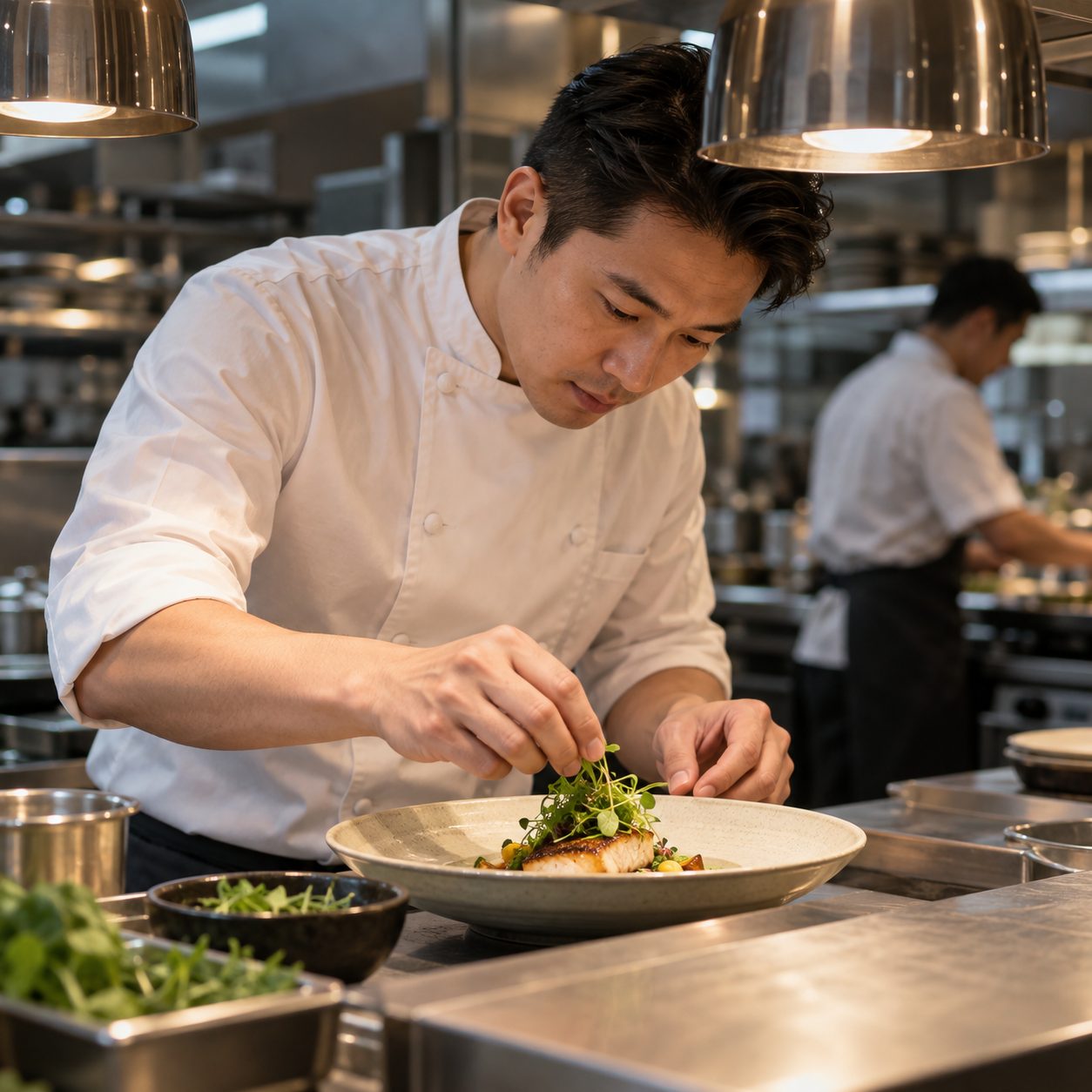 Chef plating a dish in the kitchen