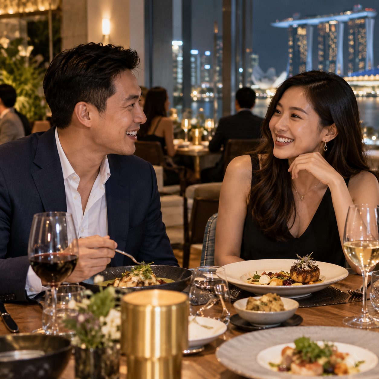Couple dining with a city skyline view