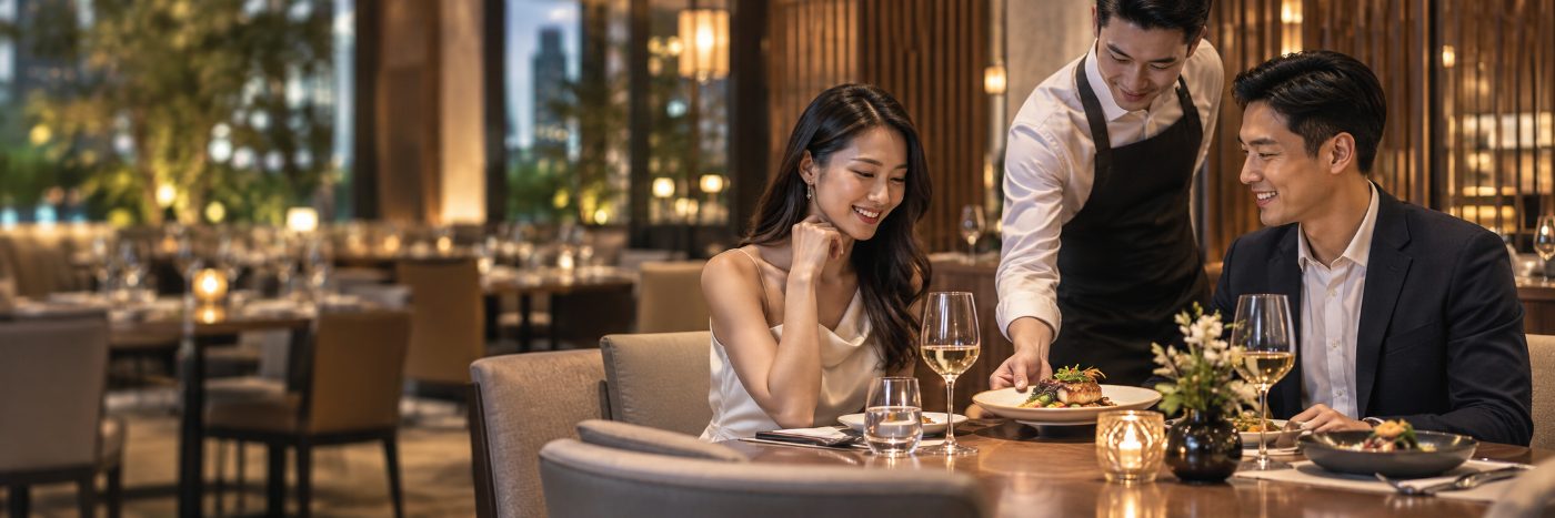 Guests being served in an elegant restaurant dining room