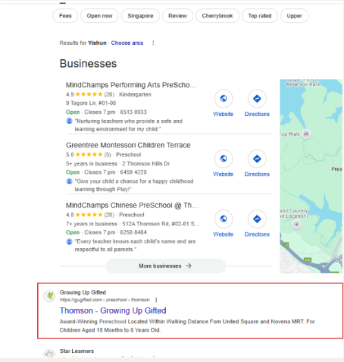 Google search result showing a preschool client ranking organically