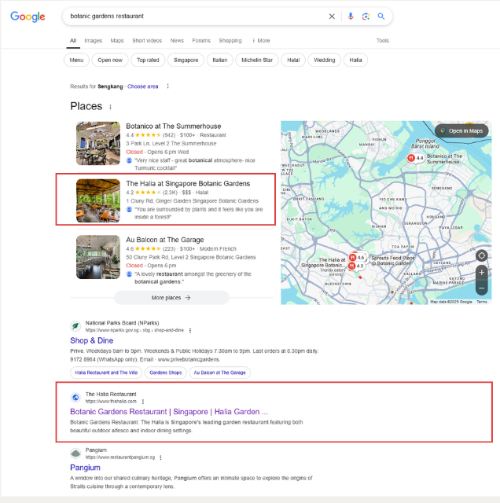 Google Maps search result showing a restaurant client ranking organically