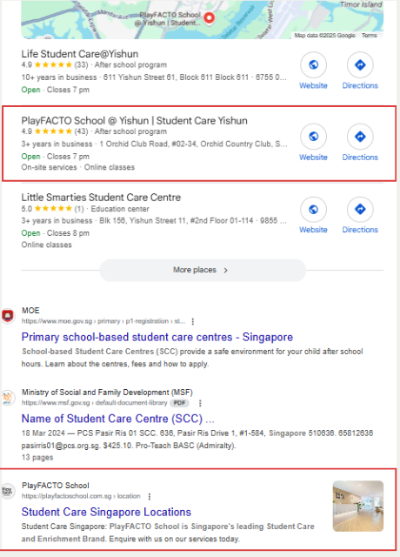 Google search result showing a student care client ranking organically